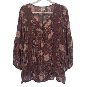 Knox Rose size XXL top brown with orange flowers ballon sleeves. Boho.